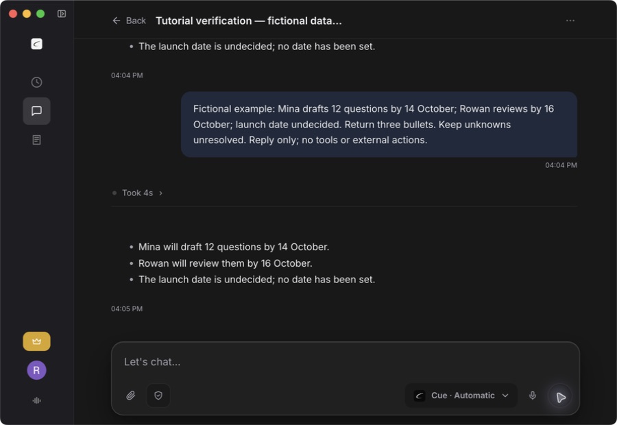 Real Cue interface showing a fictional typed request and three response bullets that preserve Mina and Rowan's deadlines and leave the launch date undecided.